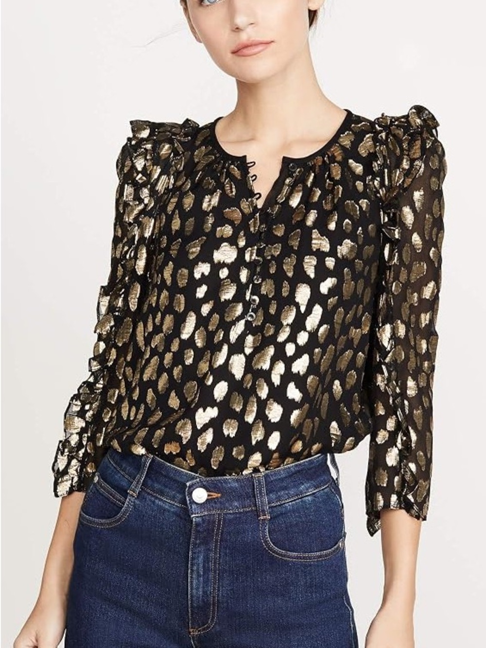 Rebecca Taylor Silk Metallic Gold Leopard Blouse Ruffle Black Top Size 2